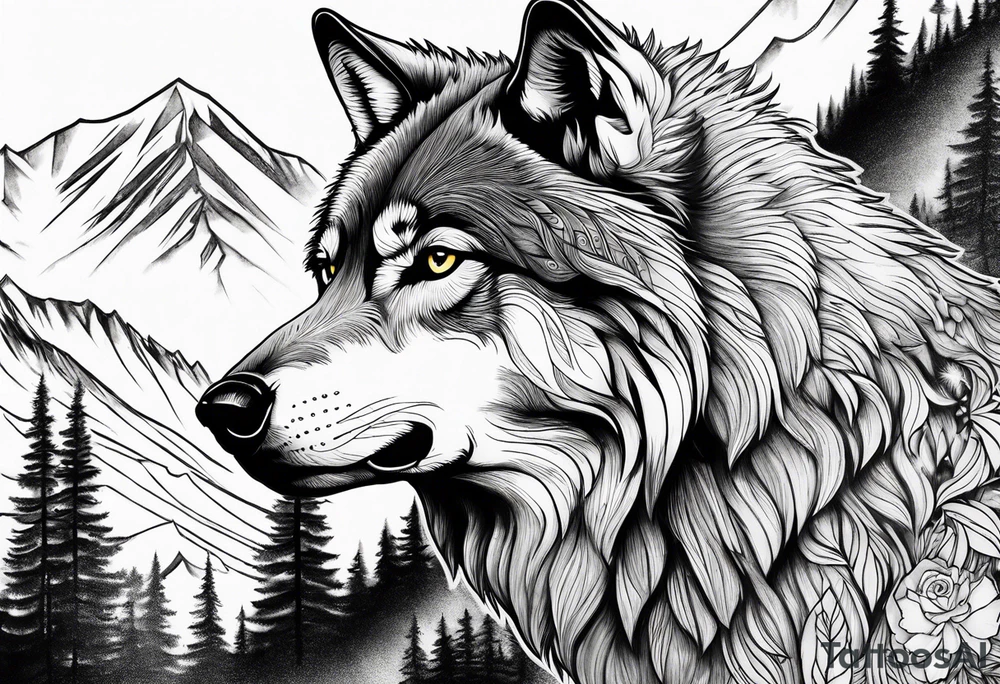 Mountains, wolf in it tattoo idea