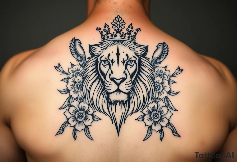 powerful majestic lion with a crown, surrounded by floral ornaments and birds tattoo idea