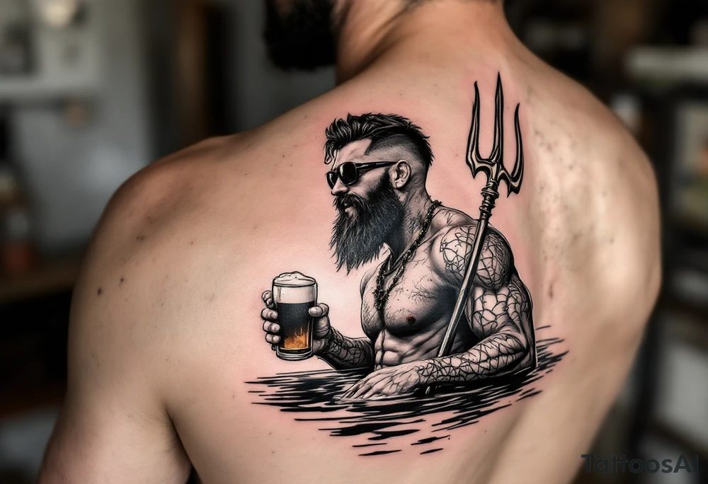 young, happy, fit, short hair, poseidon in calm water, holding a trident, drinking a beer, with sunset, with ski boat, with sunglasses tattoo idea