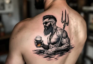 young, happy, fit, short hair, poseidon in calm water, holding a trident, drinking a beer, with sunset, with ski boat, with sunglasses tattoo idea