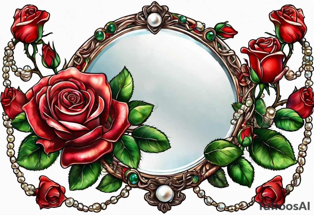 Hand mirror Red roses with a chain made of pearls and seashells tattoo idea