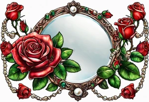 Hand mirror Red roses with a chain made of pearls and seashells tattoo idea