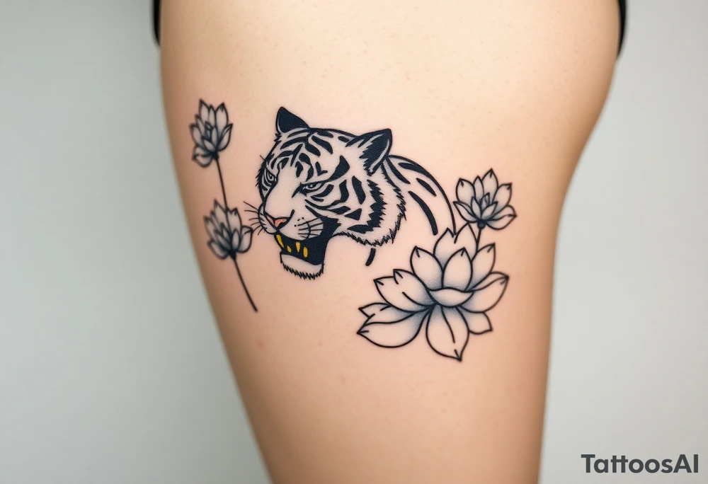 fierce tiger emerging through blooming lotus flowers in mist tattoo idea
