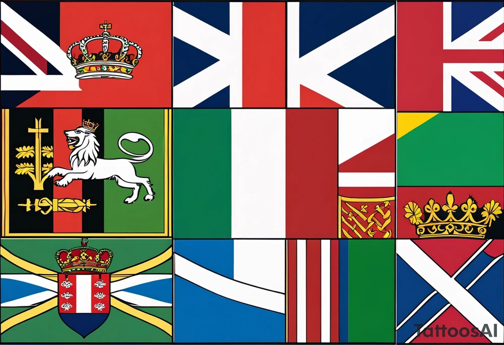 Merge the flags of england, northern ireland, ireland, scotland, wales, germany, croatia, serbia, slovakia, slovenia, and czech republic intertwined in a harmonious and elegant manner. The design should be symmetrical and suitable for a shoulder placement. tattoo idea