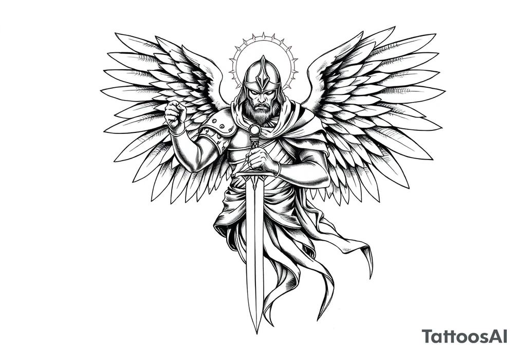 Holy Archangel, Biblical, Christianity, Hebrew, Guards of Christianity, Holding a sword, has six wings, wearing helmet, halo, seraphim, seek justice, walk only with God tattoo idea