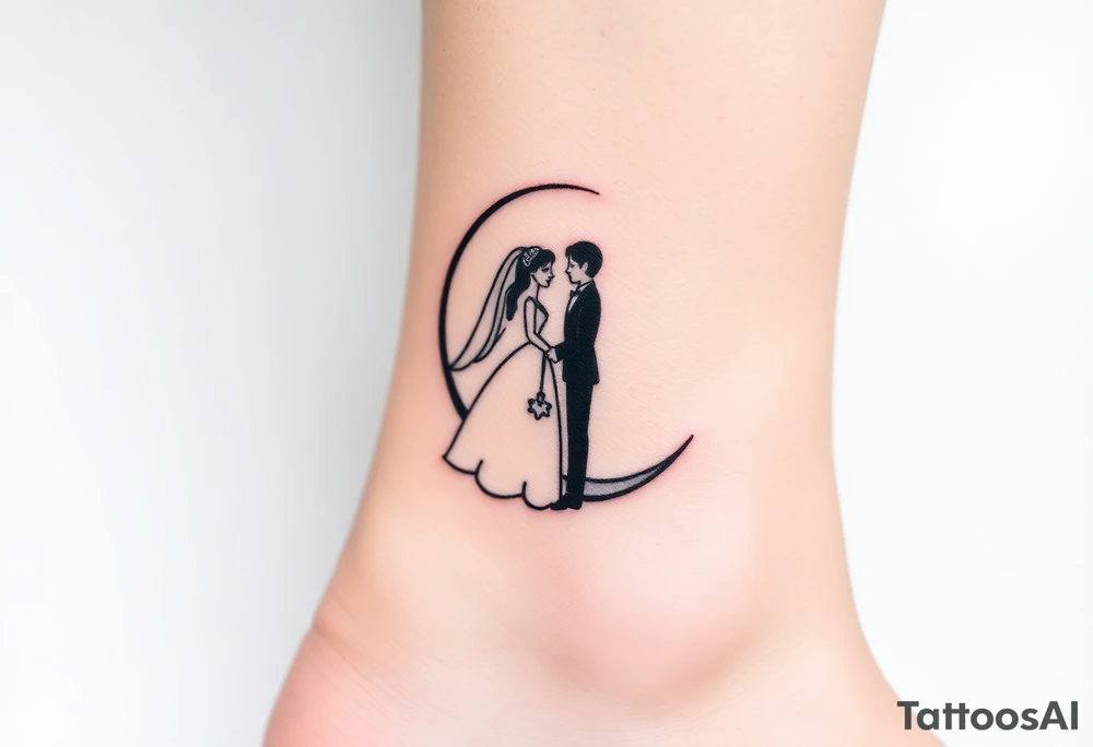 A crescent moon with a bride and groom sitting together on it tattoo idea
