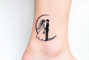 A crescent moon with a bride and groom sitting together on it tattoo idea