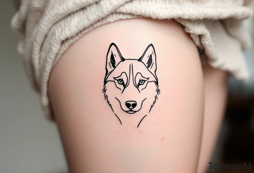 Minimal Line Husky – Simple black continuous-line tattoo of a husky head with a hint of light gray shading in the eyes and snout area. tattoo idea