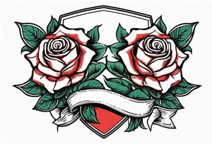 2 roses with banner between them wide tattoo idea