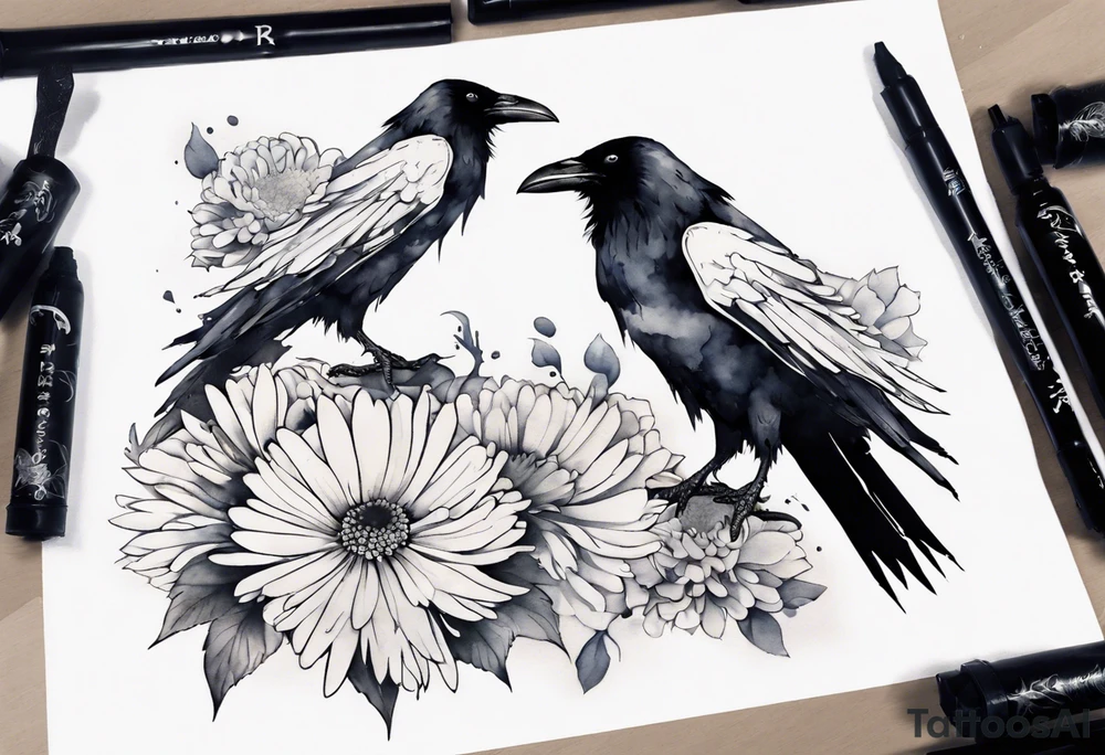 raven with a white chrysanthemum on her chest tattoo idea