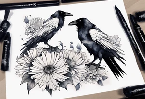 raven with a white chrysanthemum on her chest tattoo idea