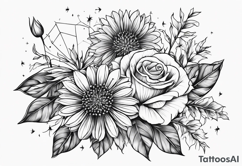 line floral 3 dandelions 1 rose tattoo idea