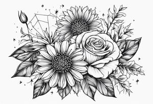 line floral 3 dandelions 1 rose tattoo idea