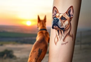 a meryle australian cattle dog and a tan pitbull standing looking out over into the sunset tattoo idea