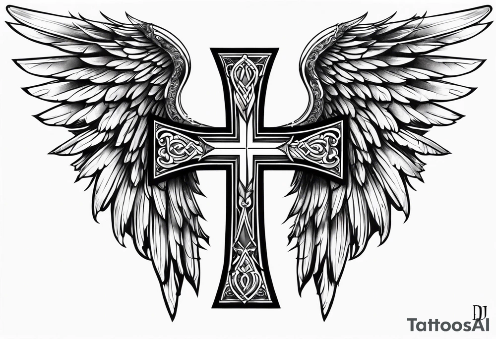 angel wings tattoo with a cross and the letters DJ in it tattoo idea