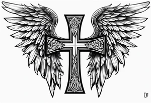 angel wings tattoo with a cross and the letters DJ in it tattoo idea