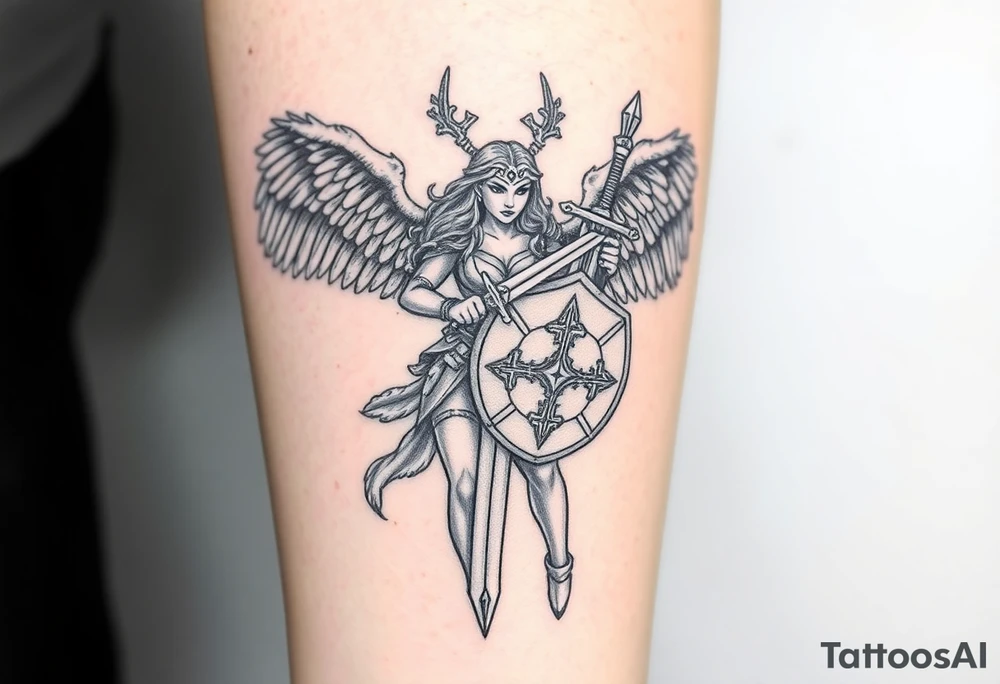 A fierce looking Valkyrie with very big dark wings. The whole body with legs should be visible. 
She's wielding a intricatelly decorated sword and a sturdy shield with a vegvisir symbol. tattoo idea