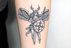 A fierce looking Valkyrie with very big dark wings. The whole body with legs should be visible. 
She's wielding a intricatelly decorated sword and a sturdy shield with a vegvisir symbol. tattoo idea