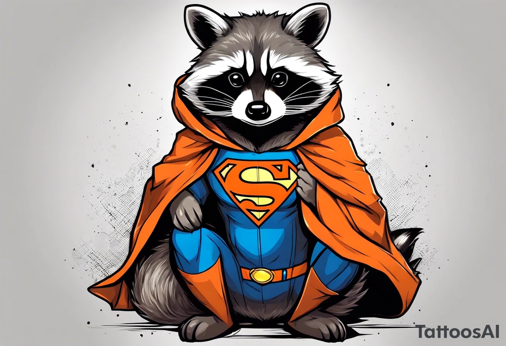 Raccoon wearing an orange Superman hoodie tattoo idea