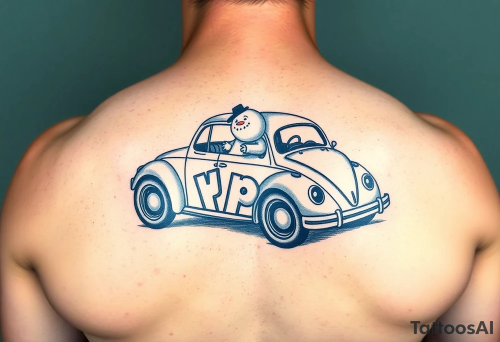Snowman in a hot rod vw beetle tattoo idea