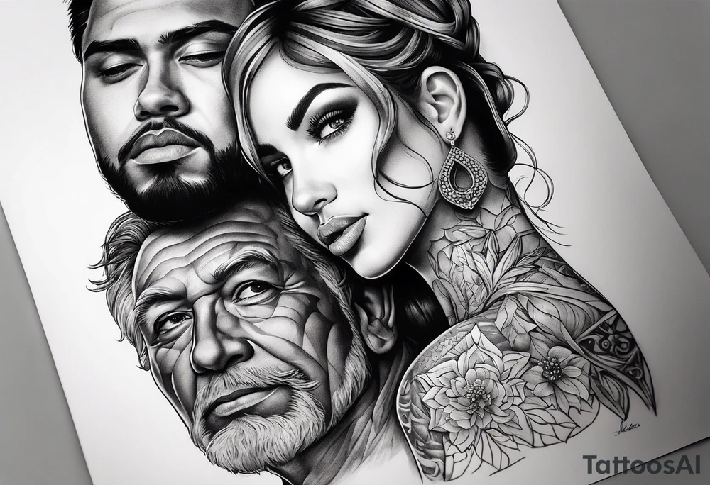 um casal de leoes
 e seus dois filhotes dentro de um retangulo tattoo idea