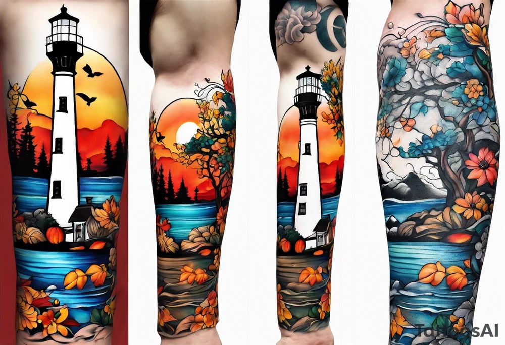 Arm sleeve with fall colors, various flowers, water flow, water splash, light house tattoo idea