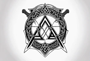 Valhalla  sword shield axe barbed wire chains valknut tattoo idea