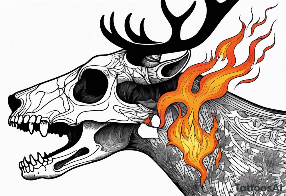 Scary side profile of a DECAYING deer skull JUST BONE surrounded by a flames and trees in background tattoo idea
