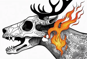 Scary side profile of a DECAYING deer skull JUST BONE surrounded by a flames and trees in background tattoo idea