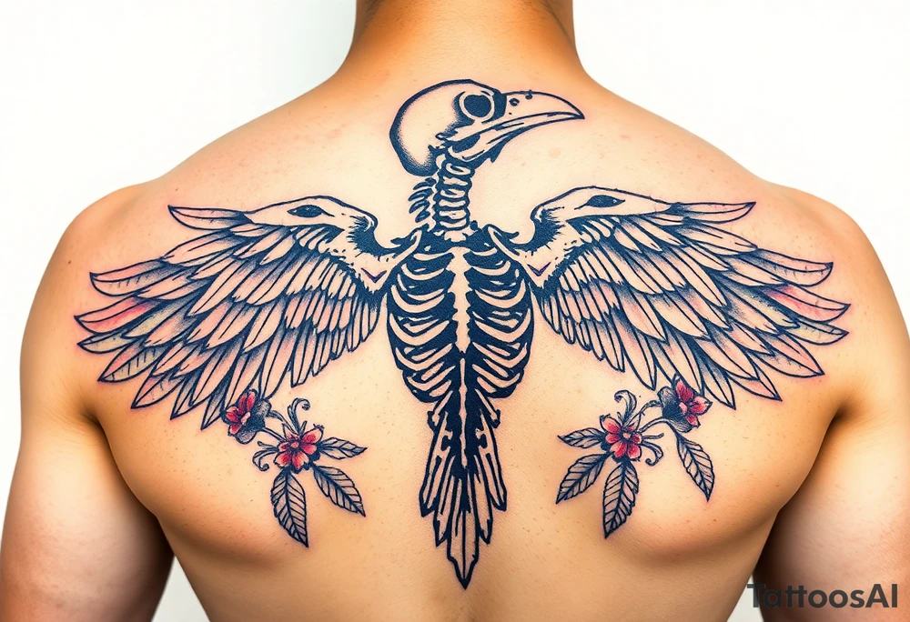 Raven skeleton with peackock feathers and ornaments around tattoo idea