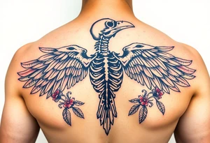 Raven skeleton with peackock feathers and ornaments around tattoo idea