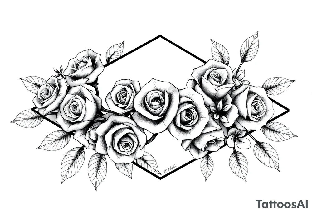 Small Roses with NO LEAVES fully filling up the inside of an lateral elongated diamond shape tattoo idea