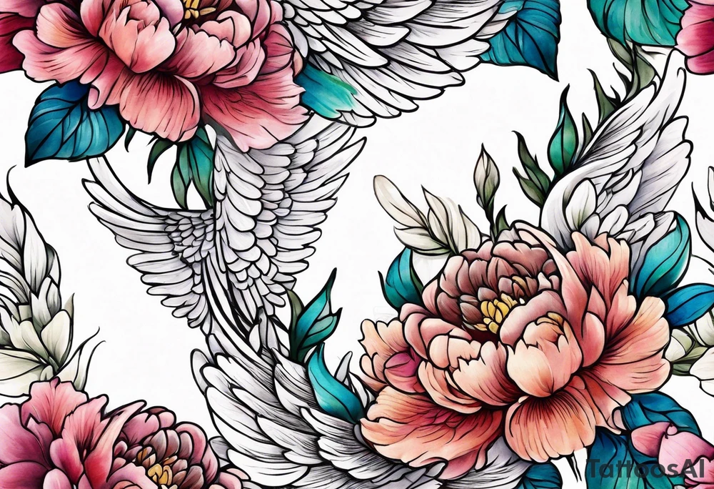 beautiful angel wings with colorful peonies. beautiful flilligree in the background tattoo idea