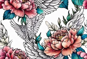 beautiful angel wings with colorful peonies. beautiful flilligree in the background tattoo idea