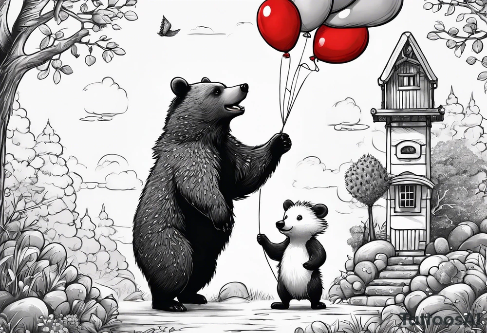black bear and hedgehog, bear stands over comic hedgehog smiling, hedgehog has red balloon in hand, hedgehog stands on two feet. hedgehog holds bears hand tattoo idea