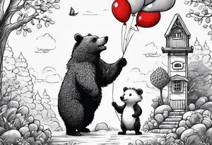black bear and hedgehog, bear stands over comic hedgehog smiling, hedgehog has red balloon in hand, hedgehog stands on two feet. hedgehog holds bears hand tattoo idea