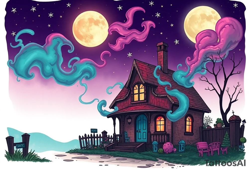 Tim Burton’s sleeping beautys cottage from outside view is the street abandoned and dripping with muted reds, dusty pinks, and eerie green glow purple and cyan smokey clouds swirl and dance in the moonlit night sky filled with twinkling stars  tattoo idea tattoo idea