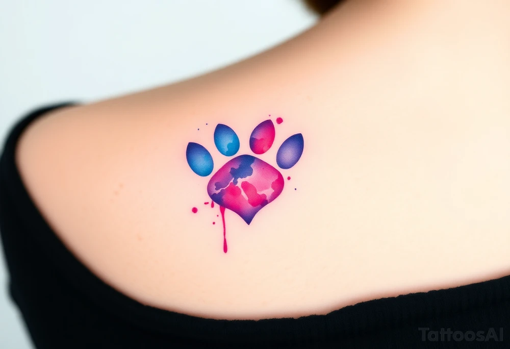 A watercolor-style paw print blending vibrant hues of pink, blue, and purple, creating the shape of a heart tattoo idea