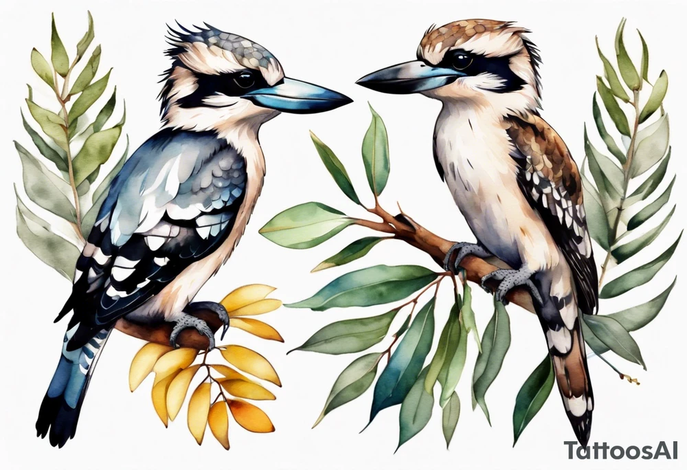 Small kookaburra sitting on eucalyptus leaves and wattle leaves tattoo idea