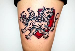 A majestic double-tailed silver lion with golden claws and a red tongue, standing proudly in a red shield, symbolizing strength and courage tattoo idea