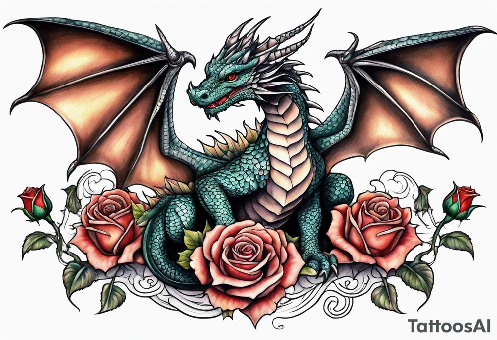 Mother dragon with wings spread two baby dragons and roses tattoo idea