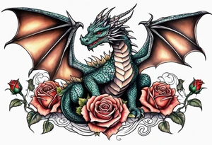 Mother dragon with wings spread two baby dragons and roses tattoo idea