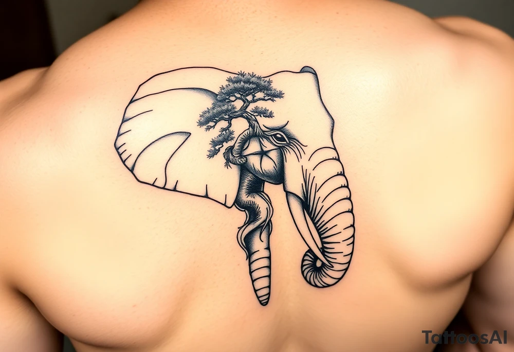Head of an elephant with bonsai tree incorporated into it Japanese style tattoo idea