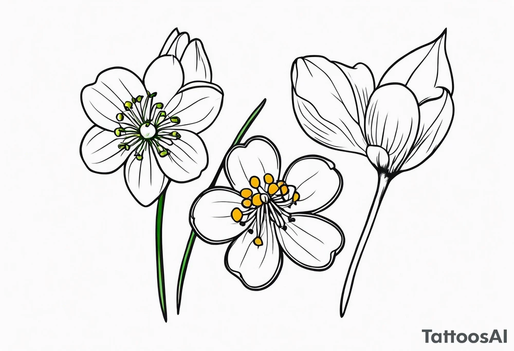 One snowdrop, One hawthorn flower, and Two honeysuckle blooms, tattoo idea