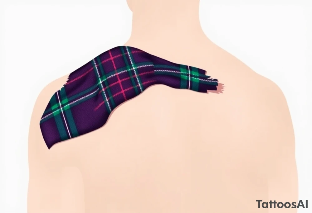 Dark Purple with green pink blue and white highlights tartan fabric with skin around edges peeling and wrapping around side of shoulder tattoo idea