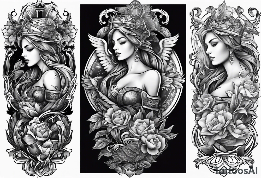 sleeve tattoo - courage, wisdom, temperance, justice tattoo idea