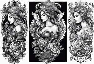 sleeve tattoo - courage, wisdom, temperance, justice tattoo idea
