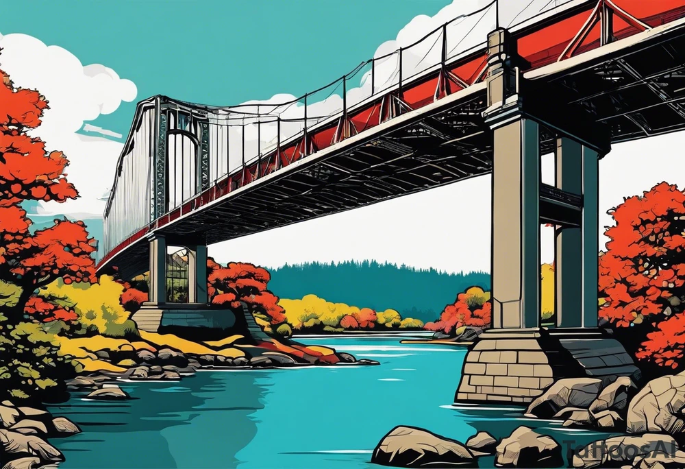 70's poster art, pop art, simple, view from under cantilever bridge tattoo idea
