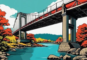 70's poster art, pop art, simple, view from under cantilever bridge tattoo idea
