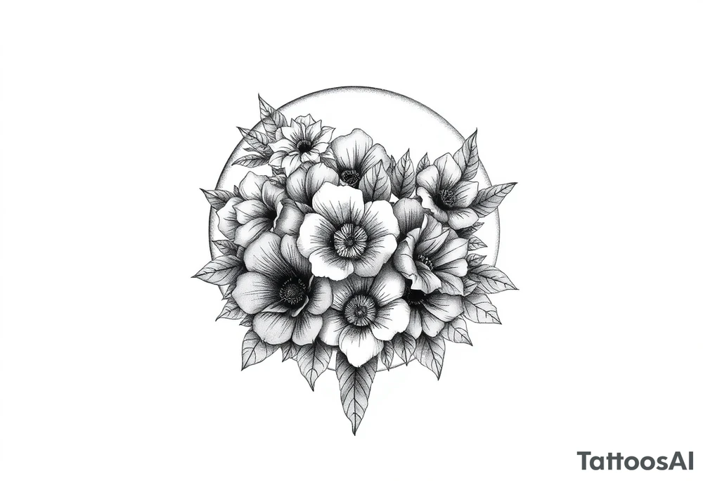 moon-shaped diferent flowers tattoo idea